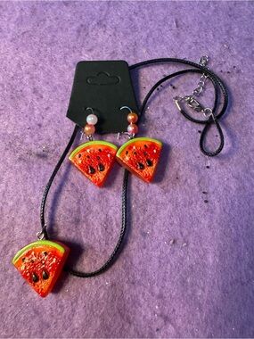 Watermelon Slice Pendant Necklace and Earrings Set - Pink/Red